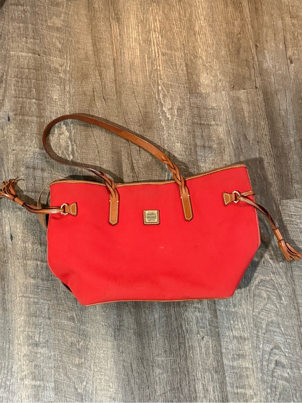 Dooney & Bourke Red Canvas Tote Bag with Tan Trim - Picture 2 of 6
